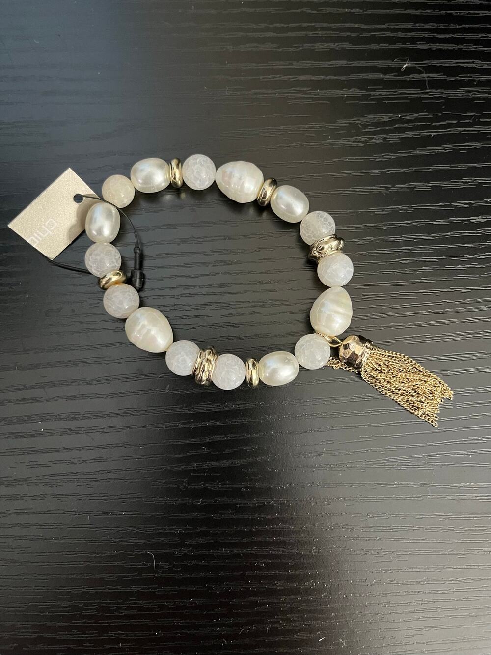 Chico's Baroque Pearl & Rose Quartz Tassel Stretch Bracelet NWT Gold Accent